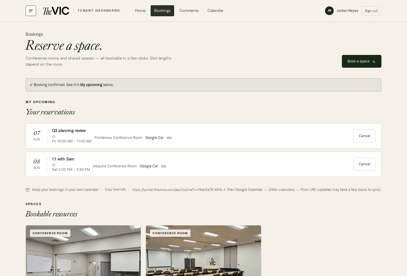 The bookings page with a green confirmation banner reading 'Booking confirmed'