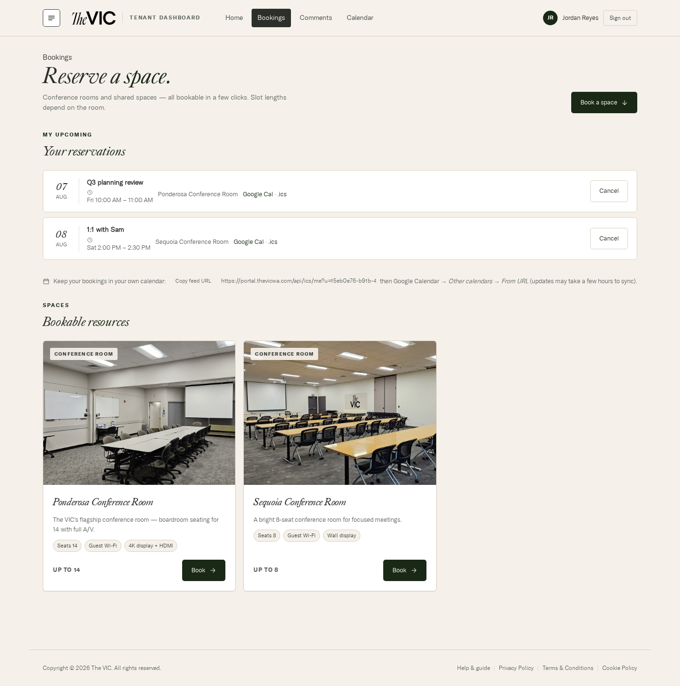 The bookings page showing two upcoming reservations, the calendar feed line, and the two bookable rooms