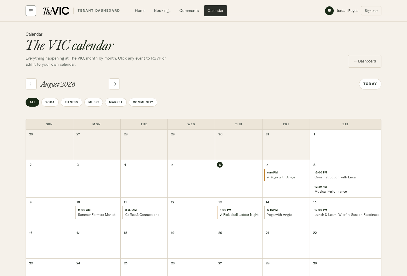 The month calendar for August 2026 with events on several days and category filter chips