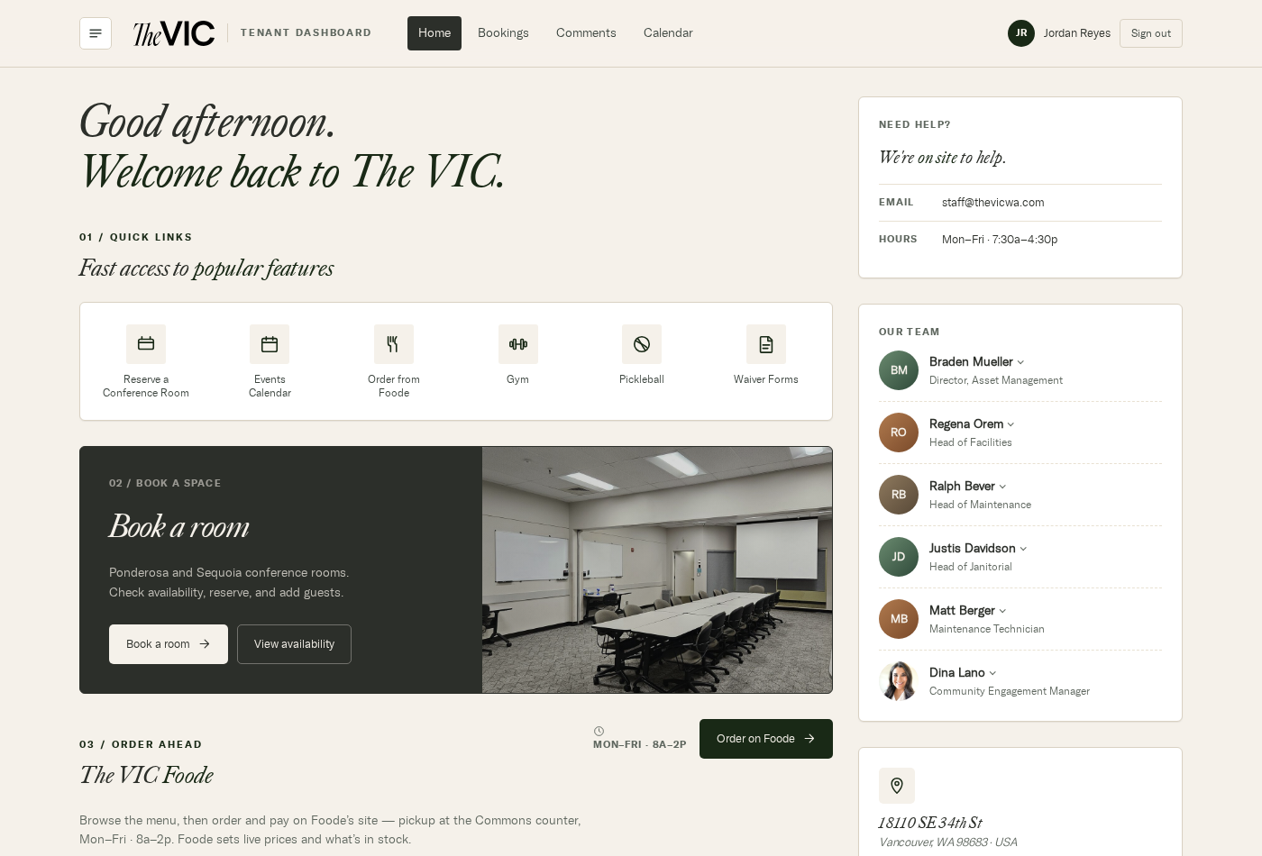 The VIC dashboard showing quick links, the book-a-room block, the Foode menu, and the staff sidebar