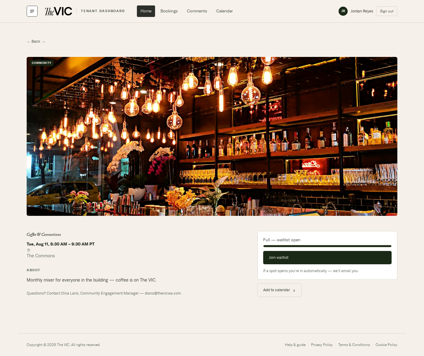 A full event page showing the capacity bar at maximum and a Join waitlist button