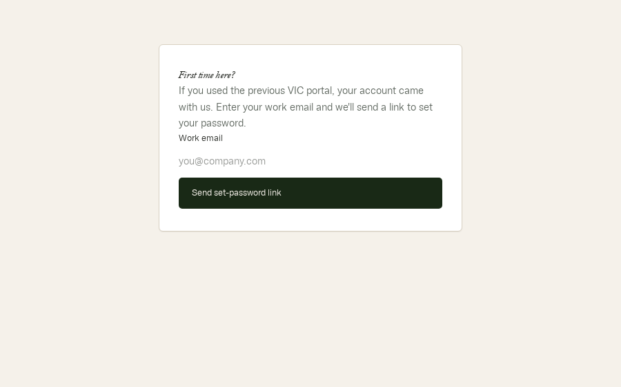 The 'First time here?' page with a work-email field and a send button