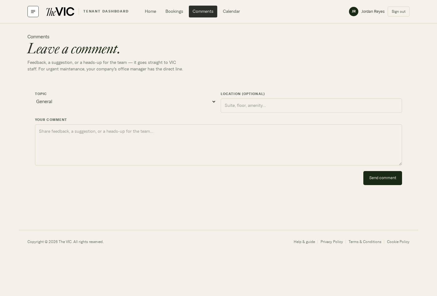 The leave a comment form with topic, location, comment box and send button