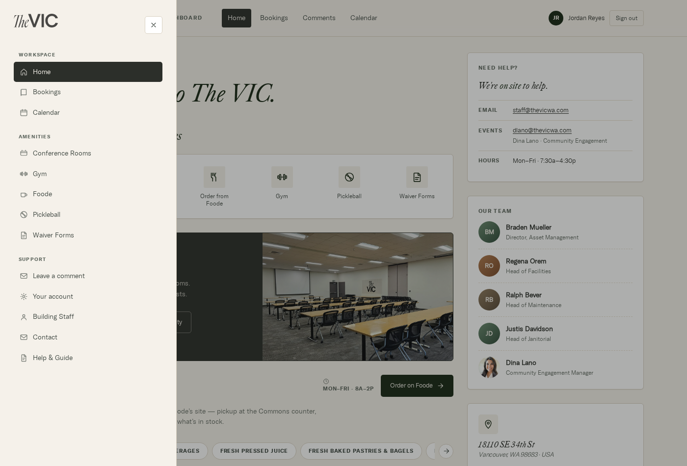 The menu drawer open over the dashboard, showing Workspace, Amenities and Support groups